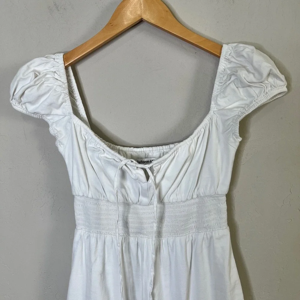 Reformation Dress Size 2 White Smocked Waist Organic Cotton Midi Milk Maid - Picture 2 of 11